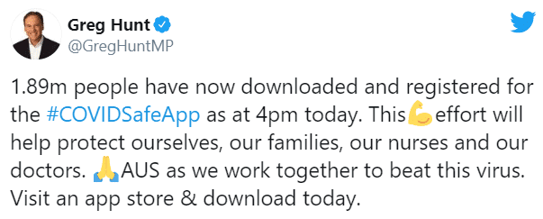 Tweet van Greg Hunt over hoe vaak de COVIDSafeApp al is gedownload