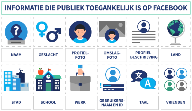 Infographic met daarin 12 soorten data die publiek toegankelijk zijn op Facebook
