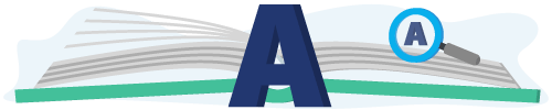 Banner met een boek, vergrootglas en de letter