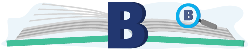 Banner met een boek, vergrootglas en de letter