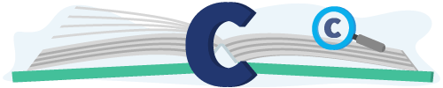 Banner met een boek, vergrootglas en de letter