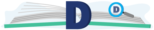 Banner met een boek, vergrootglas en de letter