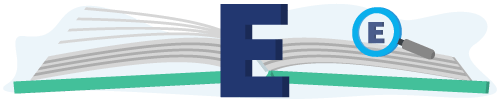 Banner met een boek, vergrootglas en de letter