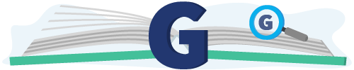 Banner met een boek, vergrootglas en de letter