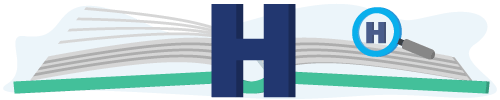 Banner met een boek, vergrootglas en de letter