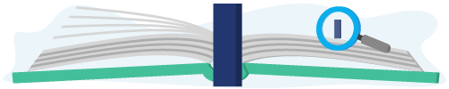 Banner met een boek, vergrootglas en de letter