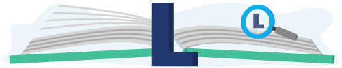 Banner met een boek, vergrootglas en de letter