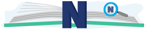 Banner met een boek, vergrootglas en de letter
