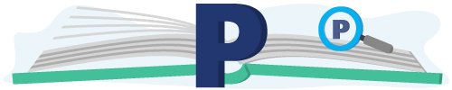 Banner met een boek, vergrootglas en de letter