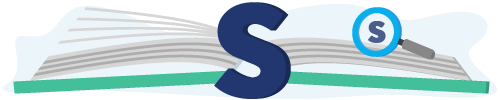 Banner met een boek, vergrootglas en de letter