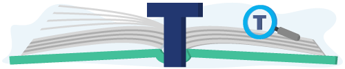 Banner met een boek, vergrootglas en de letter