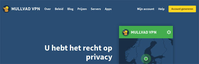 Screenshot van de homepage van Mullvad VPN