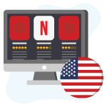 Netflix-achtige interface op een computerscherm met daarnaast de Amerikaanse vlag