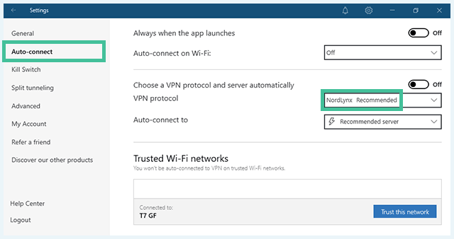 NordVPN software met daarin een VPN-protocol uitgelicht