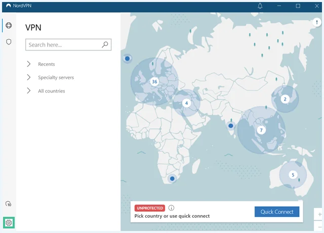 NordVPN app scherm met het tandwieltje voor instellingen uitgelicht