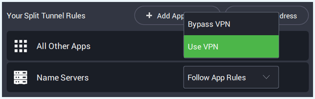 PIA scherm "Your Split Tunnel Rules" met het dropdown menu van "All Other Apps" getoond