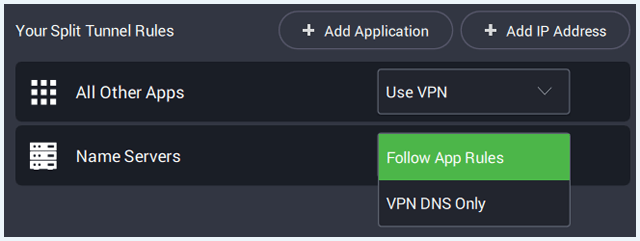 PIA scherm "Your Split Tunnel Rules" met het dropdown menu van "Name Servers" getoond