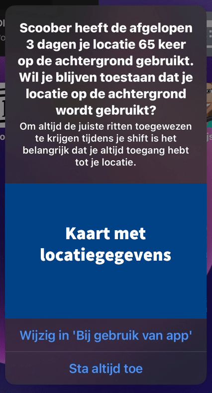 Screenshot van de app Scoober waarbij wordt aangegeven dat iemands locatie is getrackt