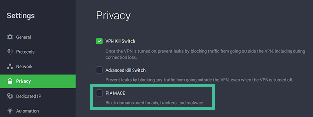 PIA screenshot privacy juli 2022