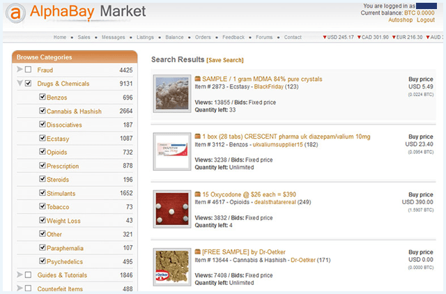 Pagina met filters voor verschillende drugs op de AlphaBay Market dark web website