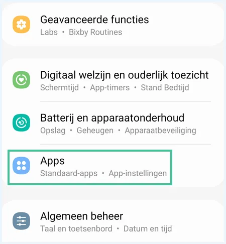 Android instellingen waarbij