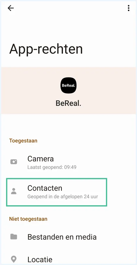 App-rechten van BeReal waarbij
