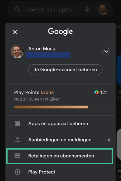 Android profiel betalingen en abonnementen