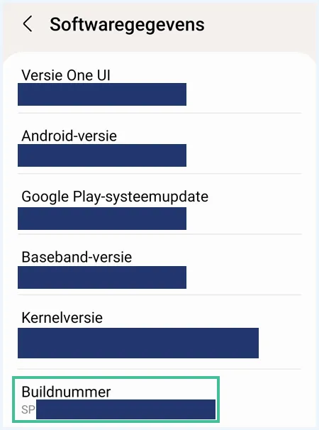 Scherm 'Softwaregegevens' op Android waarbij 'Buildnummer' is uitgelicht