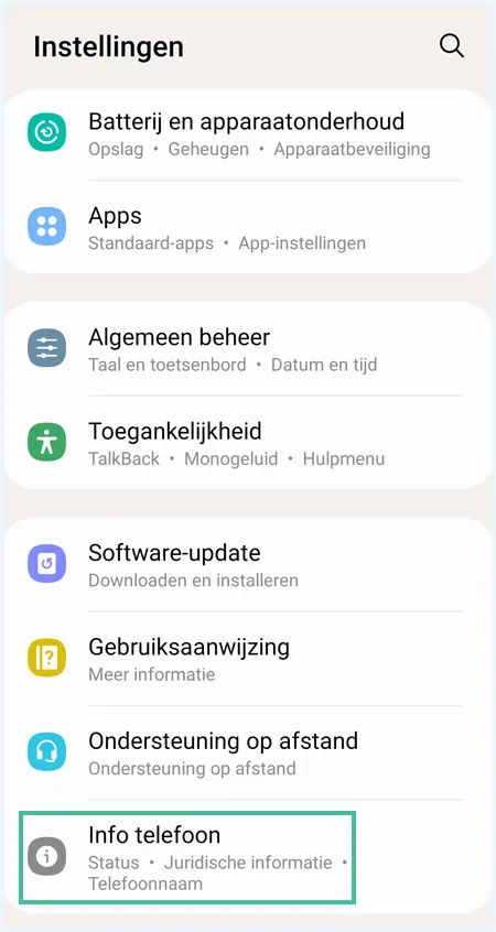 Scherm 'Instellingen' op Android waarbij 'Info telefoon' is uitgelicht