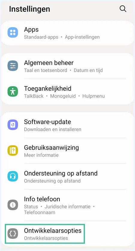 Scherm 'Instellingen' op Android waarbij 'Ontwikkelaarsopties' is uitgelicht