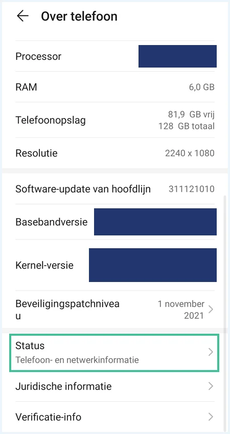 Android Over Telefoon pagina met Status menu-item