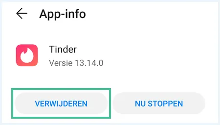 Tinder App-info op Android met 