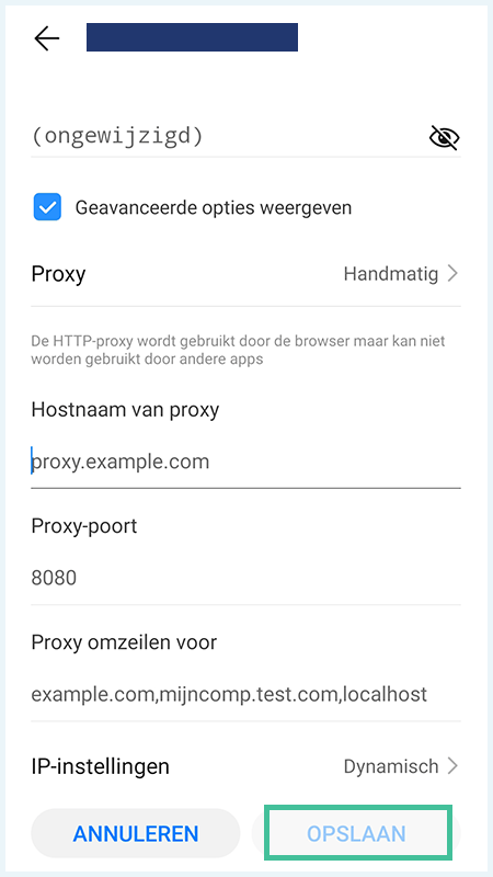 Android scherm waarbij je handmatig de gegevens van een proxyserver kunt invullen