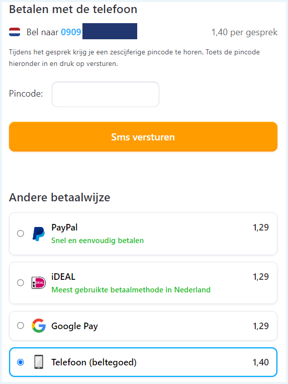 Betaalscherm website Anoniemesms