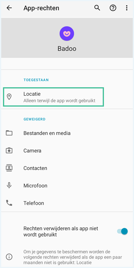 Locatierechten van de app Badoo op Android