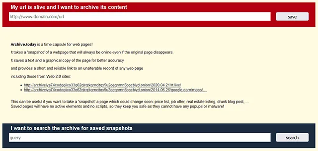 Archive Today dark web mirror homepage