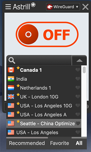 Astrill VPN app met de serverlijst