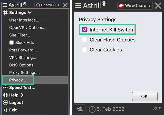 Astrill VPN app waarbij de instelling om de kill switch aan te zetten is uitgelicht