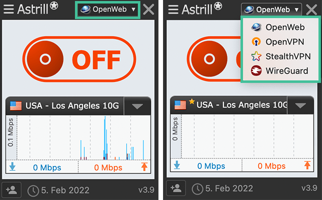 Astrill VPN app waarbij de VPN-protocollen zijn uitgelicht