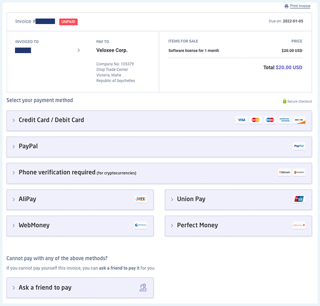 Astrill VPN factuur met mogelijke betaalopties