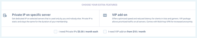 Astrill VPN extra opties die je kunt selecteren bij het afsluiten van een abonnement