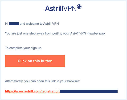 Astrill VPN welkomst-e-mail