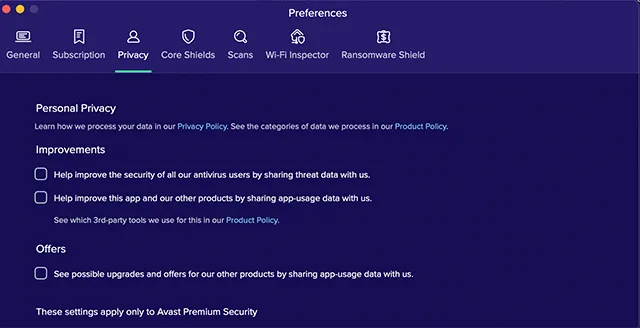 Avast Antivirus Privacy-instellingen