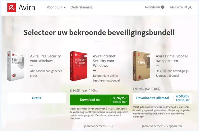 Avira website waarbij je direct de beveiligingsbundels ziet