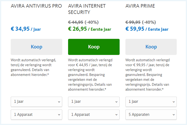 Avira antivirus abonnementen en prijs