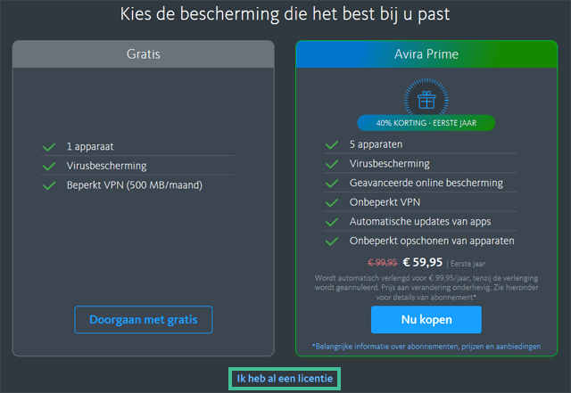 Avira software scherm waarbij je een abonnement kunt afsluiten of aangeven dat je al een licentie hebt