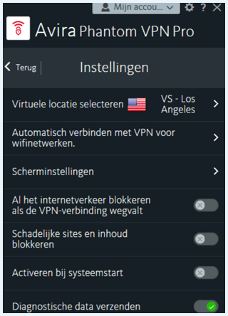 Avira Phantom VPN App Instellingen