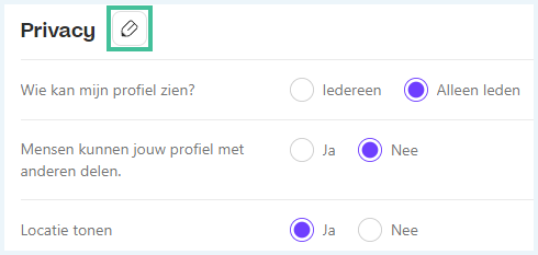 Instellingen in de app van Badoo met het potloodje achter