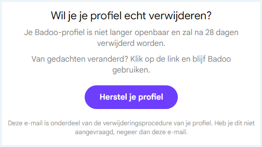 Bevestigingsmail van Badoo als je je account wil verwijderen