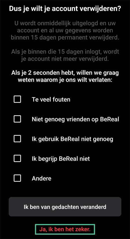 BeReal scherm voor het verwijderen van je BeReal account waarbij